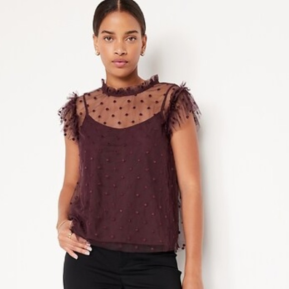 Burgundy Ruffle- trim sheer Top